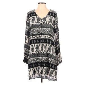 Anthro Mystree Long Sleeve Dress‎ Size S Black White Abstract Boho Print V-Neck